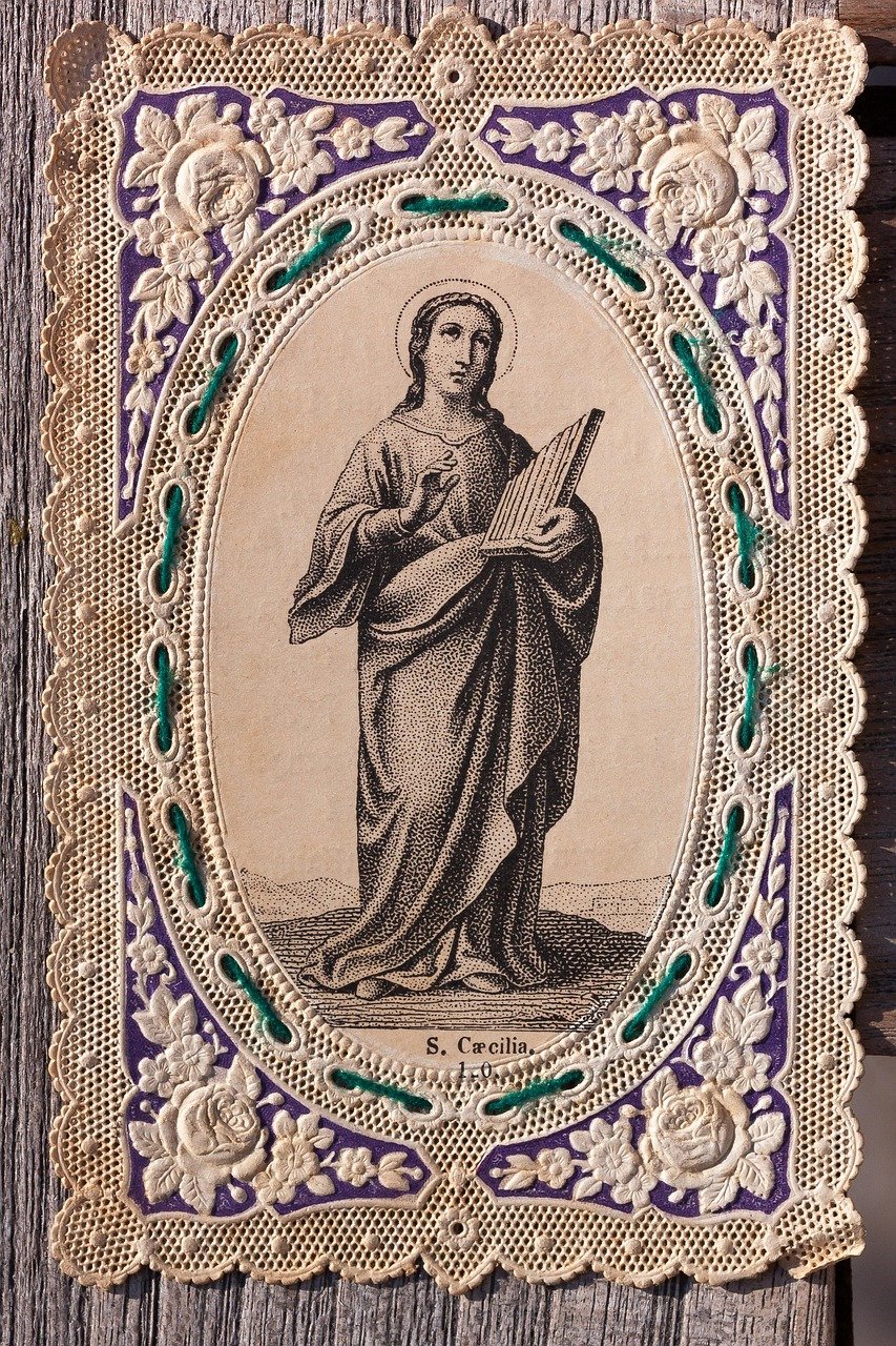 devotional picture, santino, top edge, embroidery, cecilia, holy, rose, violet, rose flower, green, white, old, antique, biscuit-technik, steel engraving, vintage, granny-chic, cecilia, cecilia, cecilia, cecilia, cecilia
